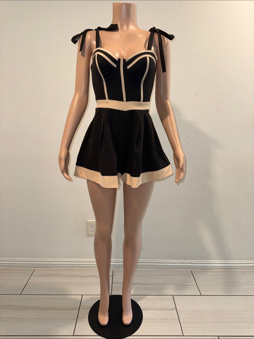Black & Cream Tie-Shoulder Romper